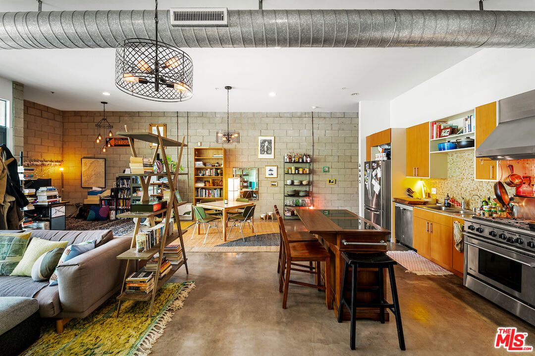 Dining room, Interior, Kitchen, Living room, Pendant Lights, Recessed Lighting, Stainless Steel Appliances, Stone Walls