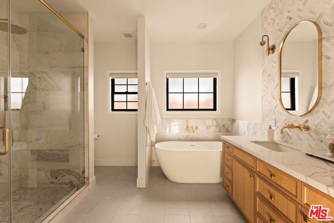Bathroom, Dual Sink Vanities, Free Standing Baths, Glass Shower, Interior, Marble Walls