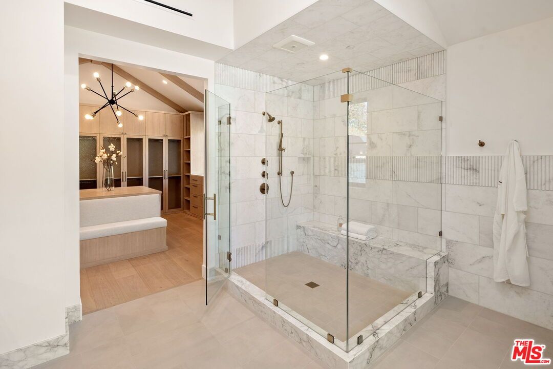 Bathroom, Glass Shower, Interior, Marble Walls, Pendant Lights, Recessed Lighting, Wood Texture Flooring