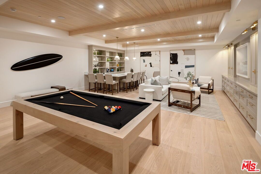 Billiard Table, Dining room, Game Room, Interior, Living room, Pendant Lights, Recessed Lighting, Wooden Beams, Wooden Ceilings, Wood Texture Flooring