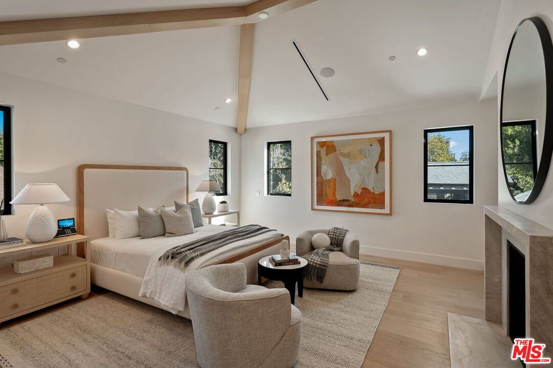 Bedroom, Fireplace, Interior, Recessed Lighting, Wood Texture Flooring