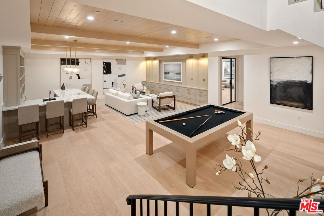 Billiard Table, Game Room, Interior, Living room, Pendant Lights, Recessed Lighting, Wooden Ceilings, Wood Texture Flooring