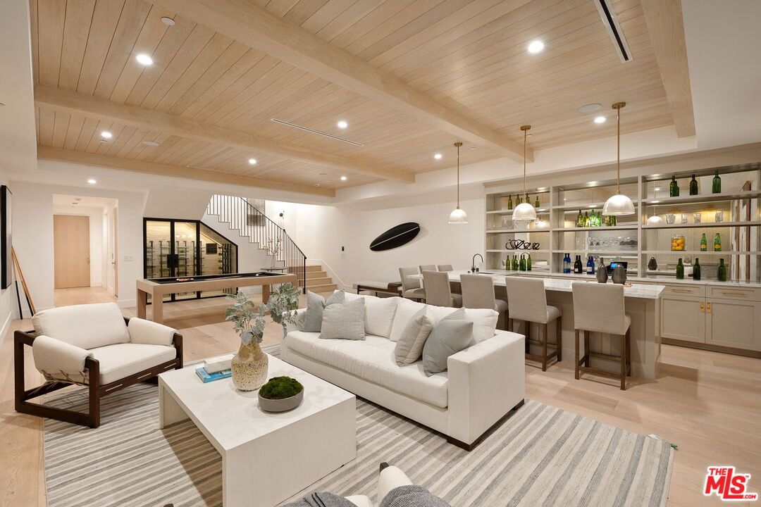 Billiard Table, Game Room, Interior, Living room, Pendant Lights, Recessed Lighting, Wooden Ceilings, Wood Texture Flooring