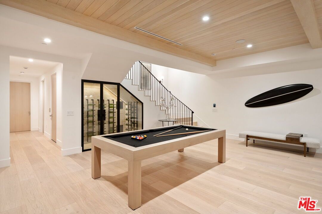Billiard Table, Game Room, Interior, Recessed Lighting, Wine Storage, Wooden Ceilings, Wood Texture Flooring