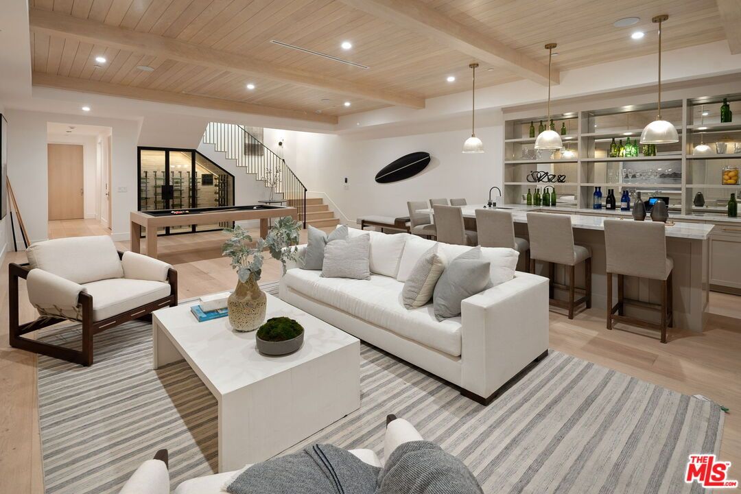 Billiard Table, Game Room, Interior, Living room, Pendant Lights, Recessed Lighting, Wooden Ceilings, Wood Texture Flooring