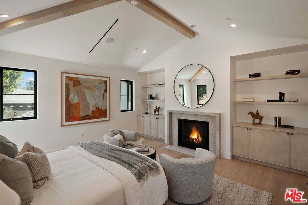 Bedroom, Fireplace, Interior, Recessed Lighting, Wooden Beams, Wood Texture Flooring