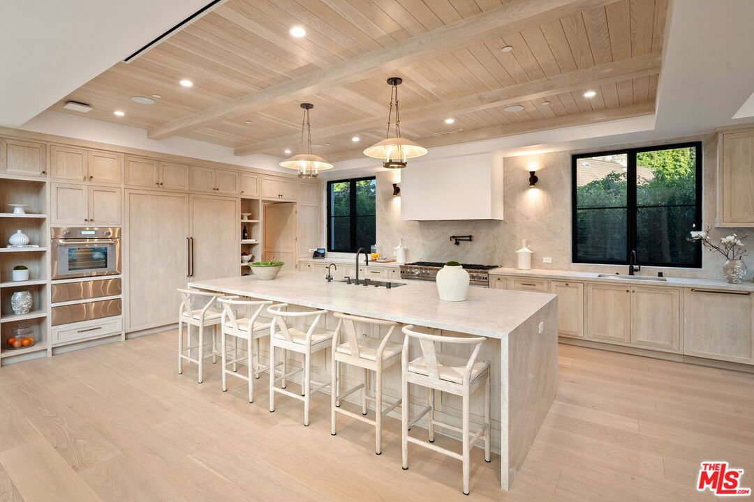 Interior, Kitchen, Pendant Lights, Recessed Lighting, Stainless Steel Appliances, Wooden Beams, Wooden Ceilings, Wood Texture Flooring