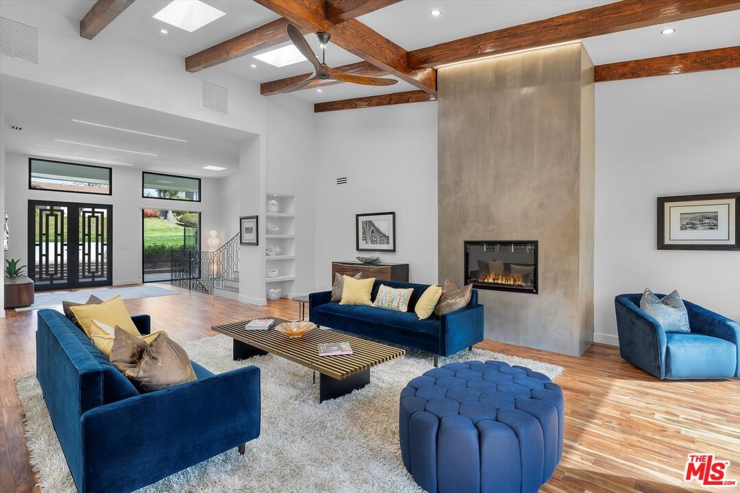 Fireplace, Interior, Living room, Recessed Lighting, Wooden Beams, Wood Texture Flooring