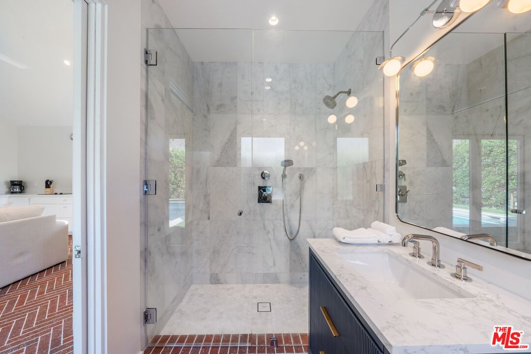 Bathroom, Glass Shower, Interior, Marble Walls, Recessed Lighting