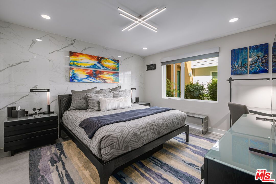 Bedroom, Interior, Marble Walls, Recessed Lighting, Wood Texture Flooring