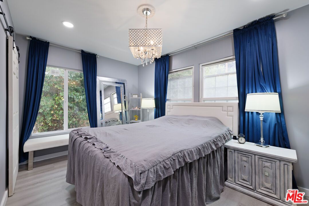 Bedroom, Chandelier, Interior, Recessed Lighting, Wood Texture Flooring
