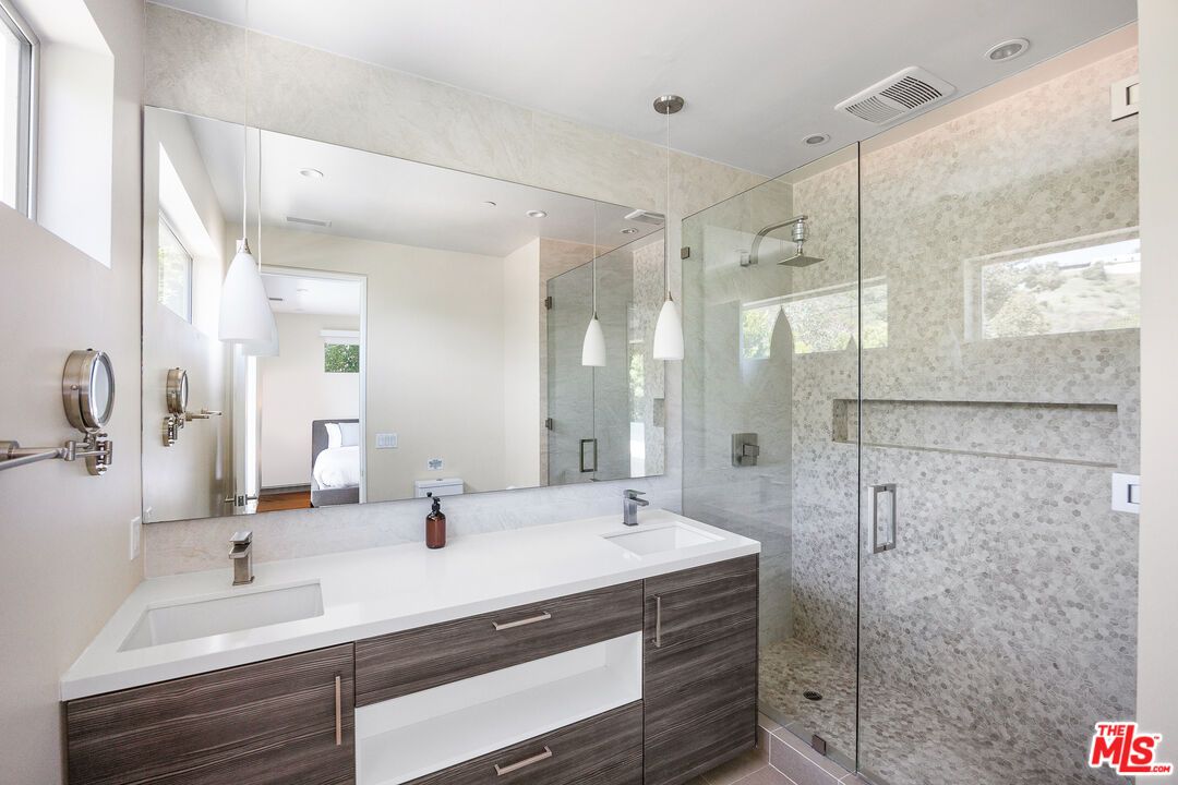 Bathroom, Dual Sink Vanities, Glass Shower, Interior, Pendant Lights, Recessed Lighting
