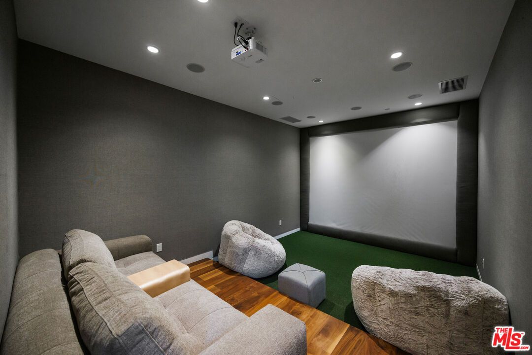 Interior, Projection Screen, Recessed Lighting, Theatre Room, Wood Texture Flooring