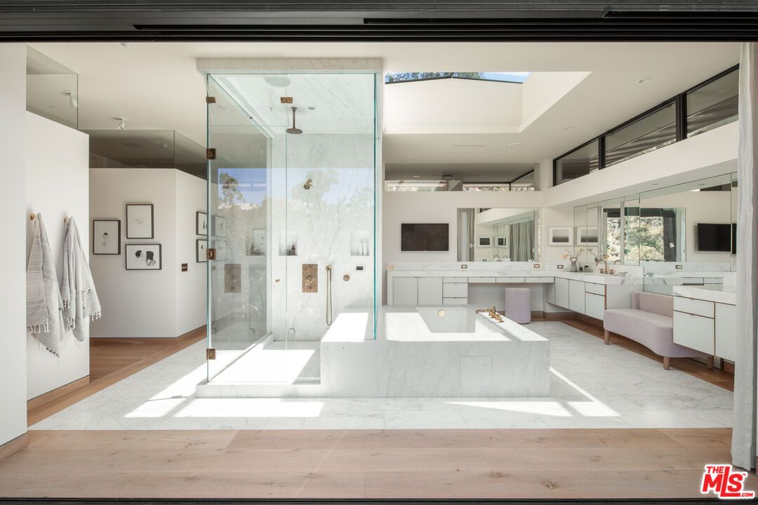 Bathroom, Glass Shower, Interior, Recessed Lighting, Wood Texture Flooring