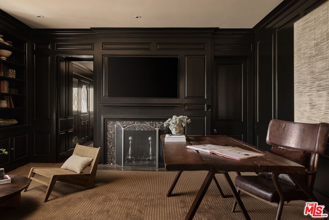 Fireplace, Home Office, Interior, Recessed Lighting, Wooden Walls