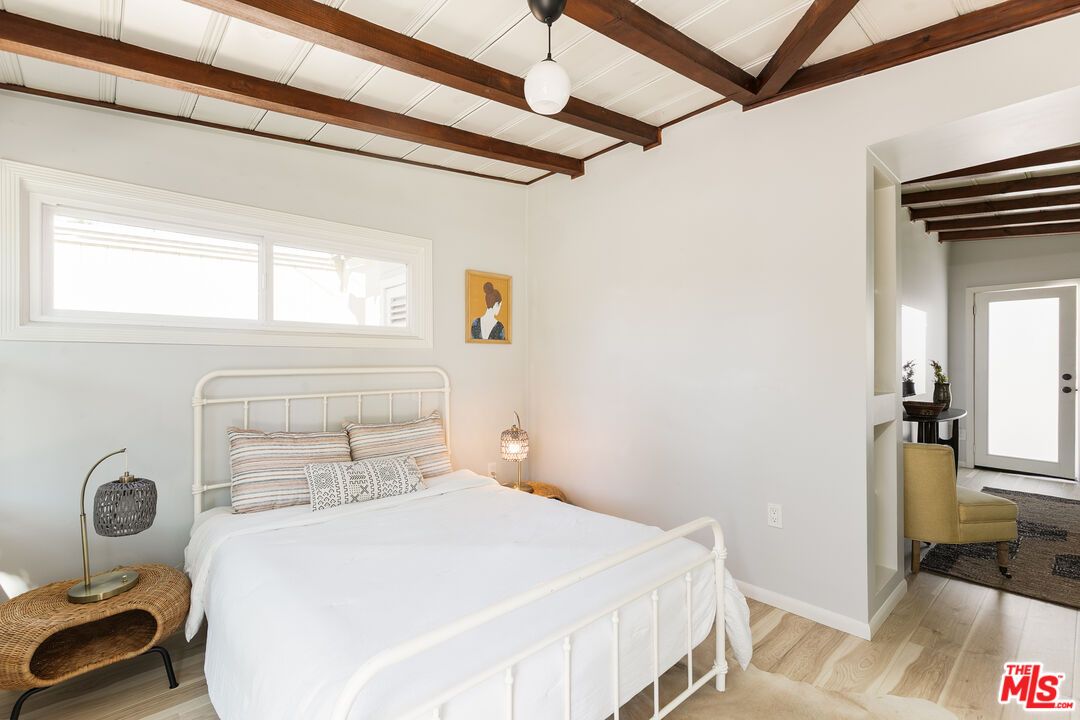 Bedroom, Interior, Pendant Lights, Wooden Beams, Wood Texture Flooring