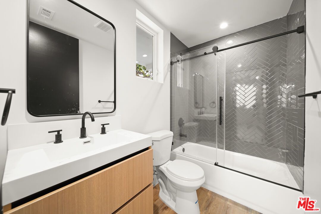Bathroom, Glass Shower, Interior, Recessed Lighting, Wood Texture Flooring