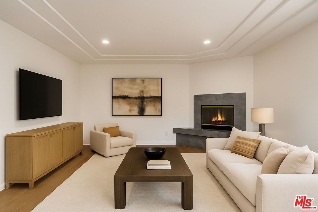 Fireplace, Interior, Living room, Recessed Lighting, Wood Texture Flooring