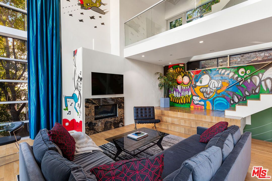 Fireplace, Interior, Living room, Recessed Lighting, Stone Walls, Wood Texture Flooring