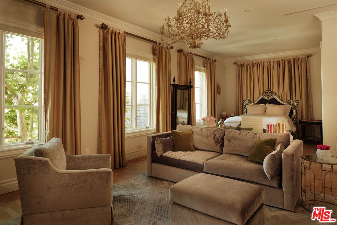 Bedroom, Chandelier, Interior, Recessed Lighting, Wood Texture Flooring