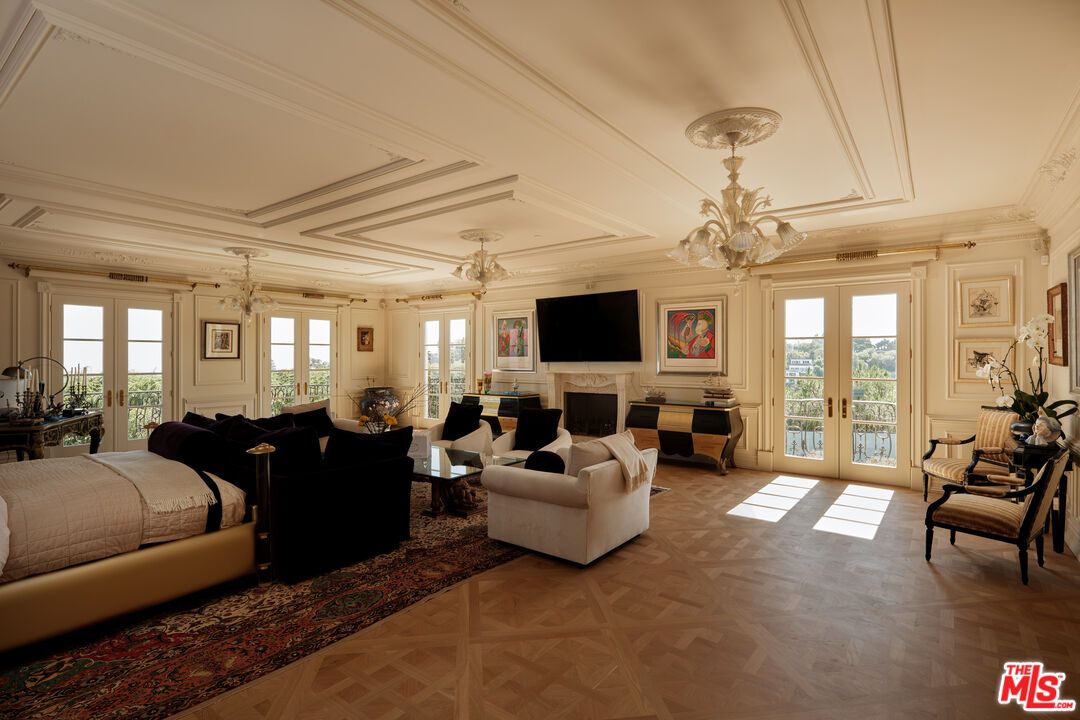 Bedroom, Chandelier, Fireplace, Interior, Living room, Wood Texture Flooring