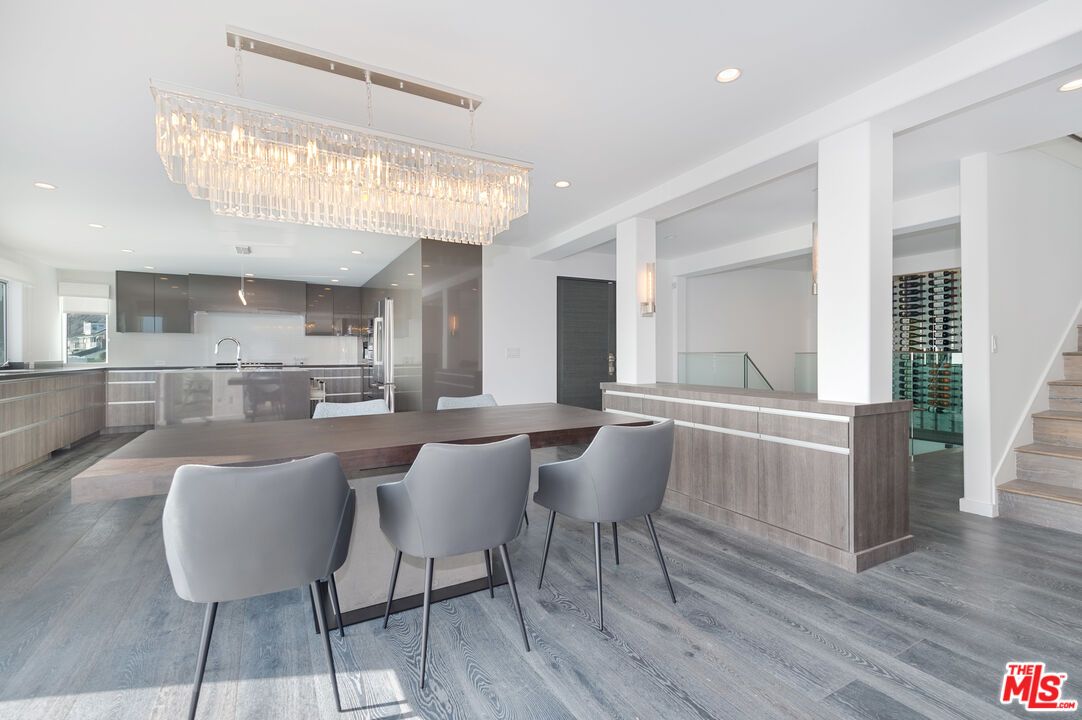 Chandelier, Interior, Kitchen, Recessed Lighting, Stainless Steel Appliances, Wood Texture Flooring