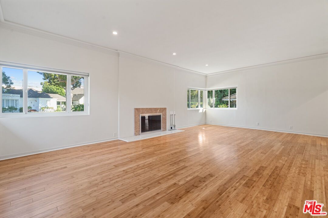 Empty room, Fireplace, Interior, Recessed Lighting, Wood Texture Flooring
