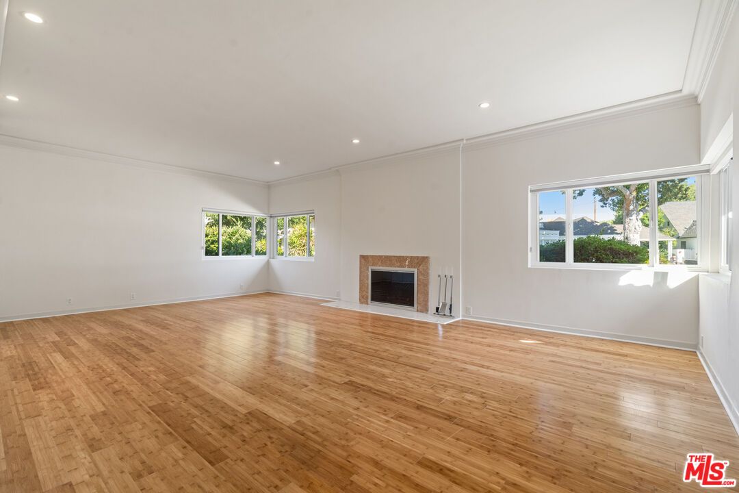 Empty room, Fireplace, Interior, Recessed Lighting, Wood Texture Flooring