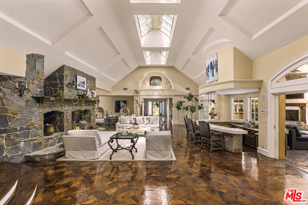 Dining room, Fireplace, Interior, Living room, Stone Walls, Wood Texture Flooring