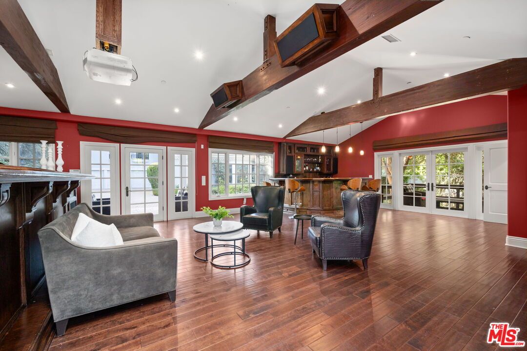 Fireplace, Interior, Living room, Pendant Lights, Recessed Lighting, Wooden Beams, Wood Texture Flooring