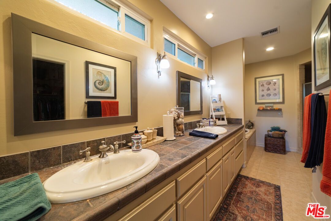 Bathroom, Dual Sink Vanities, Interior, Recessed Lighting, Tile Countertops