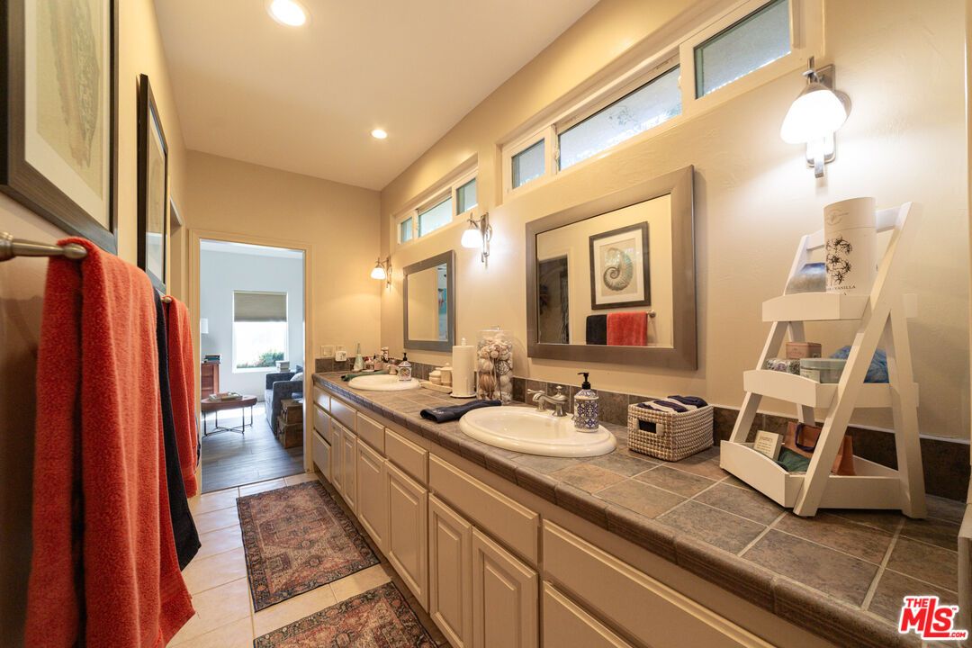 Bathroom, Dual Sink Vanities, Interior, Recessed Lighting, Tile Countertops