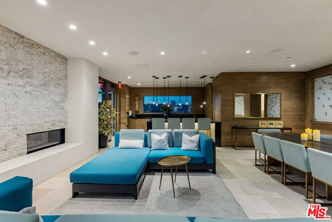 Dining room, Fireplace, Interior, Living room, Pendant Lights, Recessed Lighting, Stone Walls, Wooden Walls