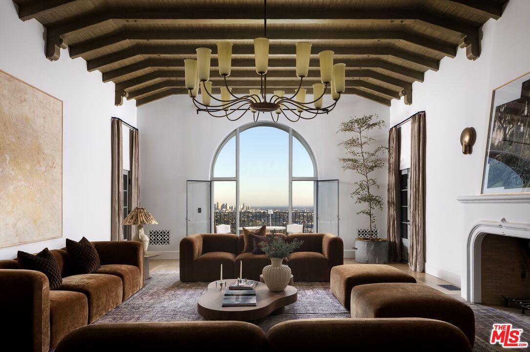 Chandelier, Fireplace, Interior, Living room, Wooden Beams, Wooden Ceilings