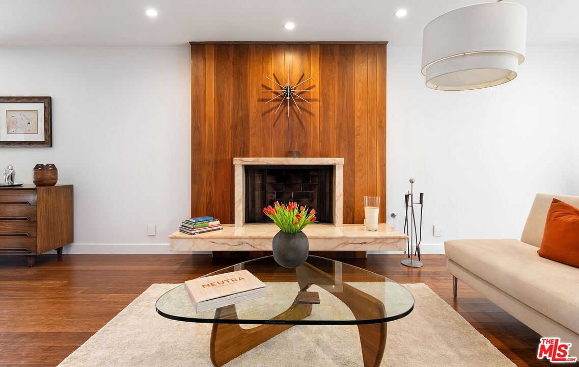 Fireplace, Interior, Living room, Recessed Lighting, Wood Texture Flooring, Wooden Walls