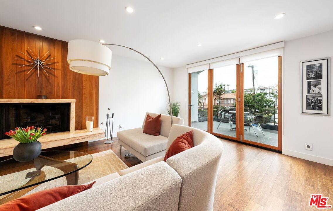 Fireplace, Interior, Living room, Recessed Lighting, Wood Texture Flooring, Wooden Walls