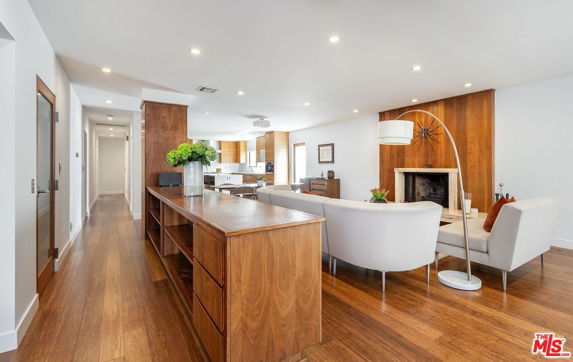 Fireplace, Interior, Kitchen, Living room, Recessed Lighting, Wood Texture Flooring, Wooden Walls