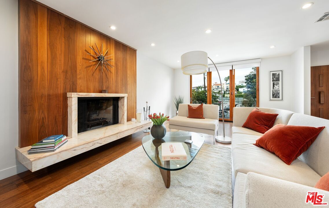 Fireplace, Interior, Living room, Recessed Lighting, Wood Texture Flooring, Wooden Walls