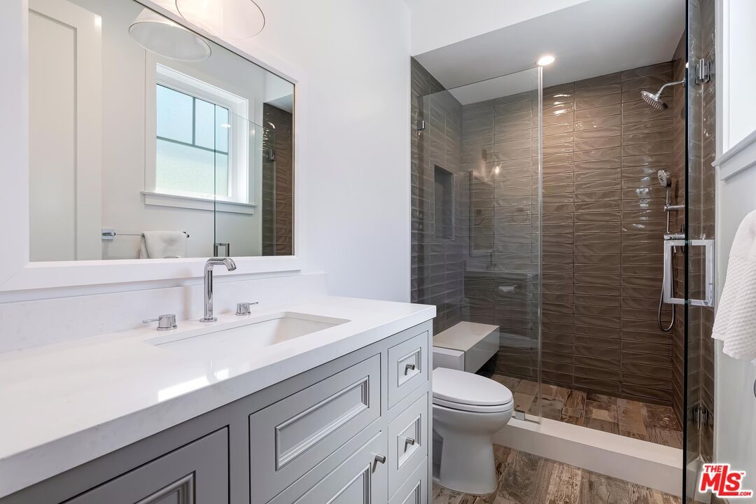 Bathroom, Glass Shower, Interior, Recessed Lighting, Wood Texture Flooring