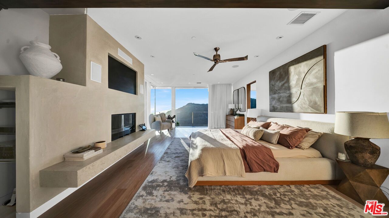 Bedroom, Fireplace, Interior, Recessed Lighting, Wood Texture Flooring