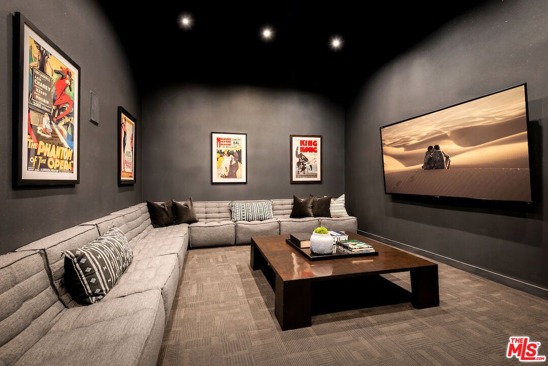 Interior, Living room, Projection Screen, Recessed Lighting, Theatre Room, Wood Texture Flooring