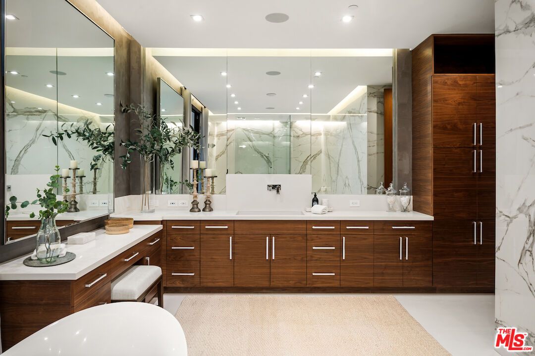 Bathroom, Dual Sink Vanities, Glass Shower, Interior, Marble Walls, Recessed Lighting
