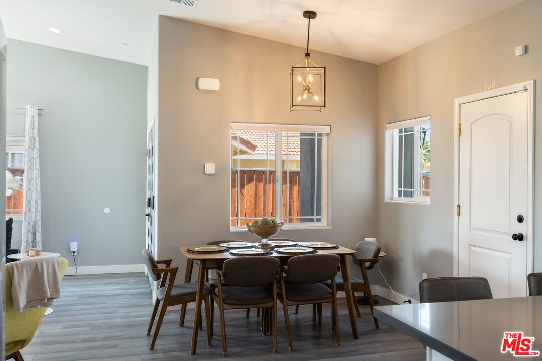 Dining room, Interior, Pendant Lights, Recessed Lighting, Wood Texture Flooring