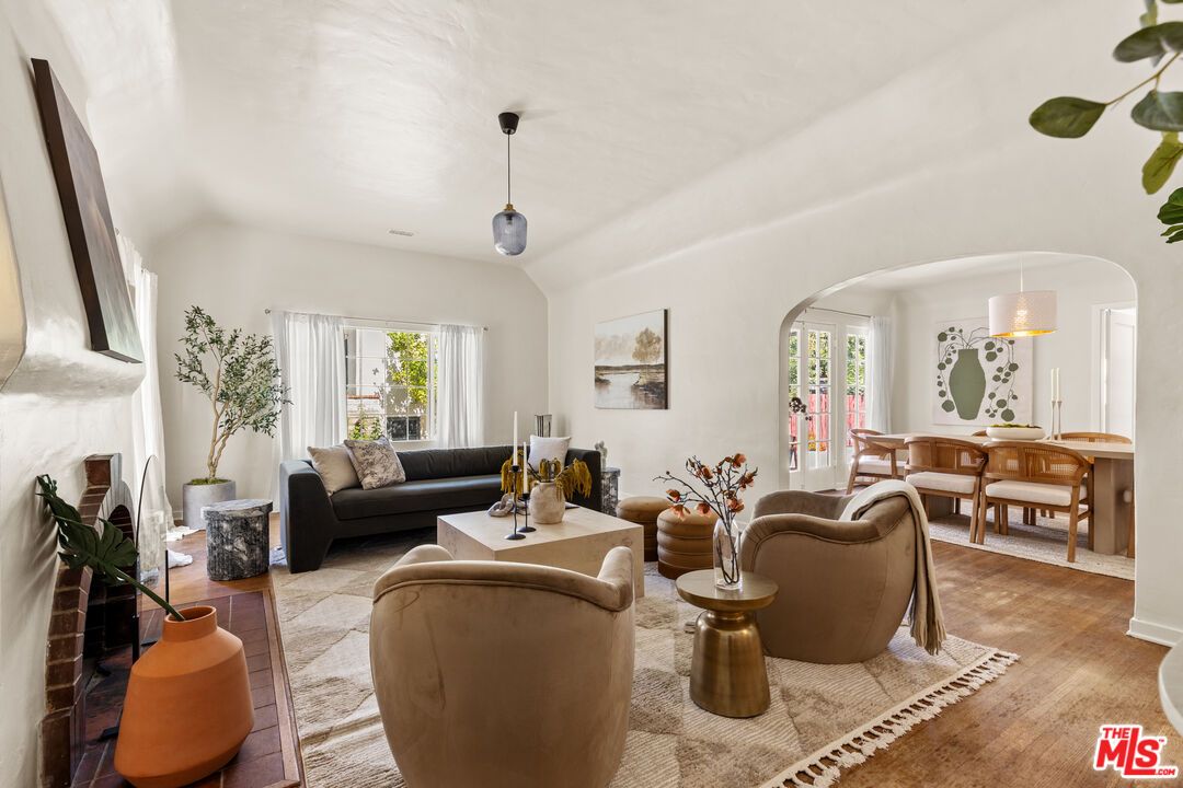 Dining room, Fireplace, Interior, Living room, Pendant Lights, Wood Texture Flooring