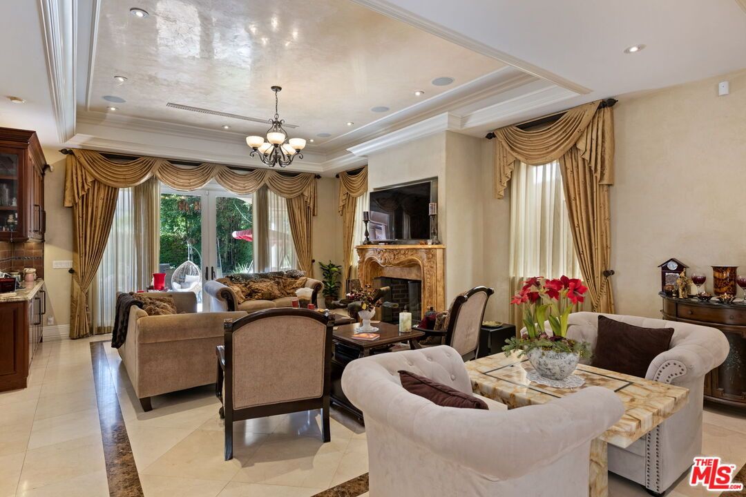 Chandelier, Dining room, Fireplace, Interior, Living room, Recessed Lighting