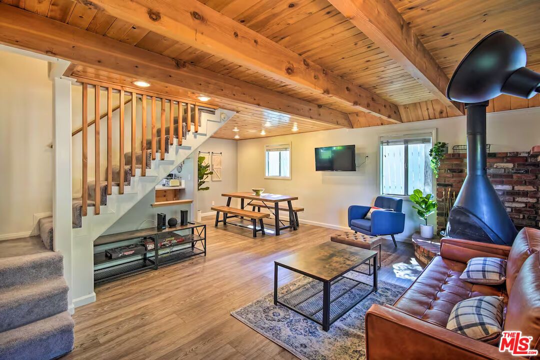 Dining room, Fireplace, Interior, Living room, Recessed Lighting, Wooden Beams, Wooden Ceilings, Wood Texture Flooring