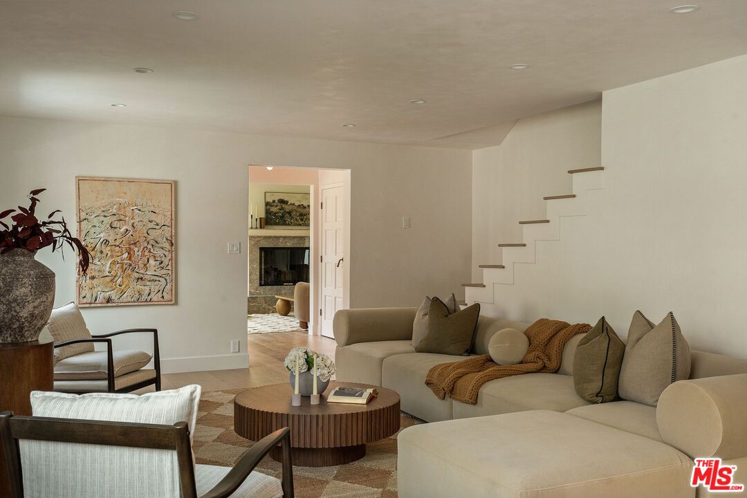 Fireplace, Interior, Living room, Recessed Lighting, Wood Texture Flooring