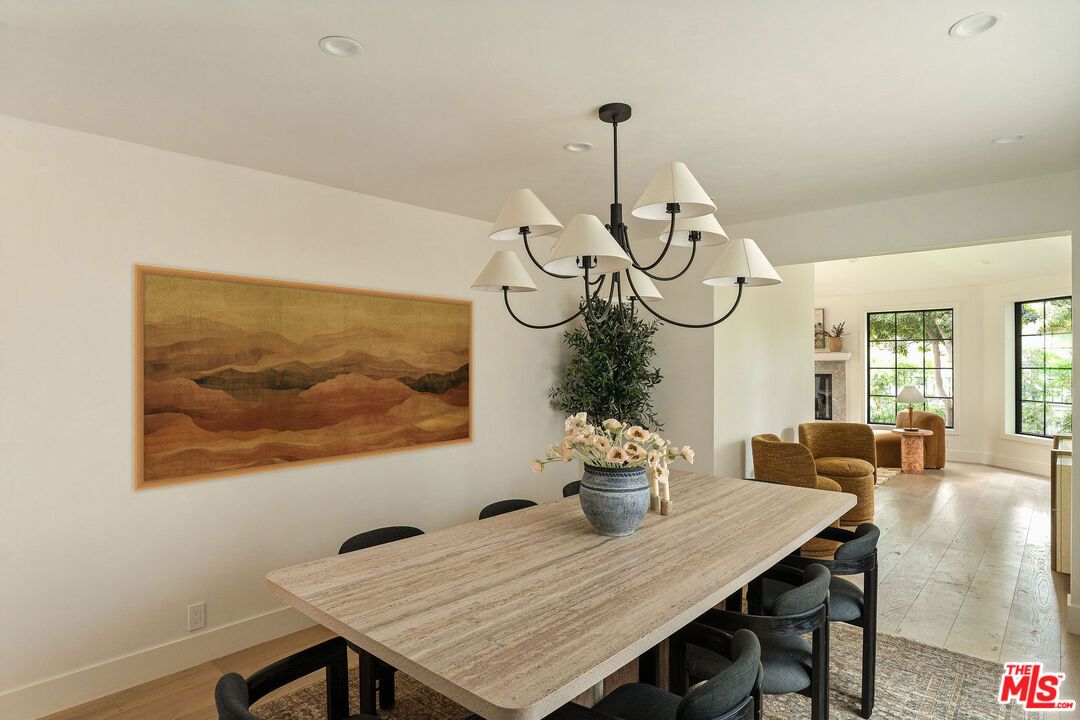 Chandelier, Dining room, Fireplace, Interior, Recessed Lighting, Wood Texture Flooring