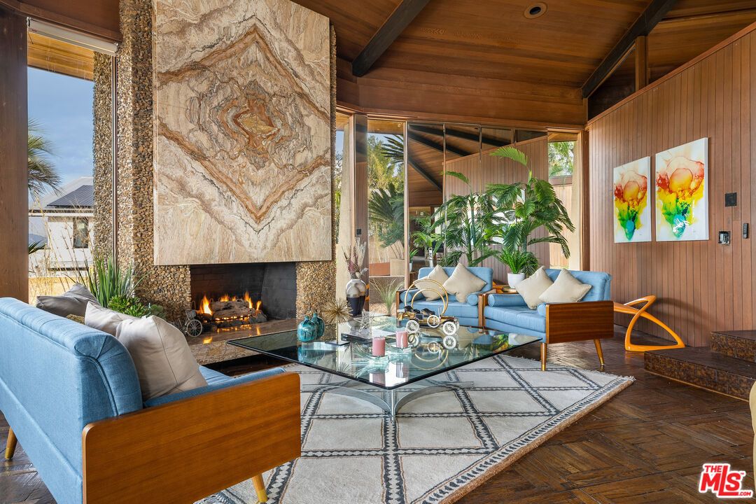 Fireplace, Interior, Living room, Recessed Lighting, Wooden Beams, Wooden Ceilings, Wood Texture Flooring, Wooden Walls