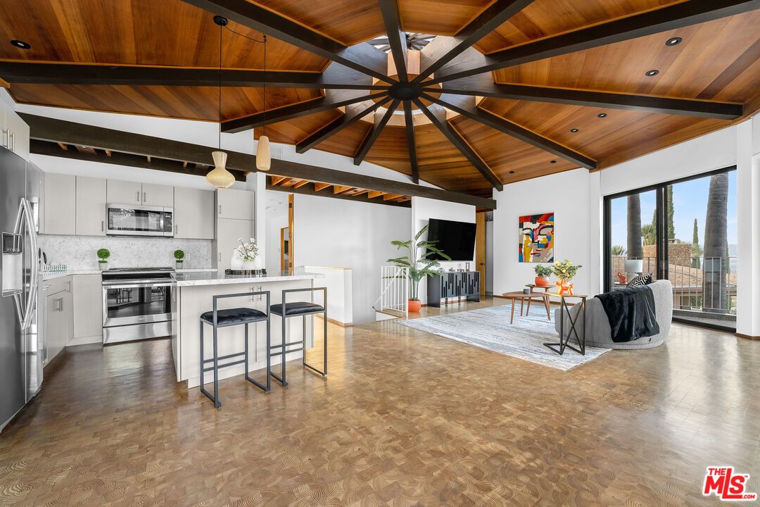 Interior, Kitchen, Pendant Lights, Recessed Lighting, Stainless Steel Appliances, Wooden Beams, Wooden Ceilings, Wood Texture Flooring